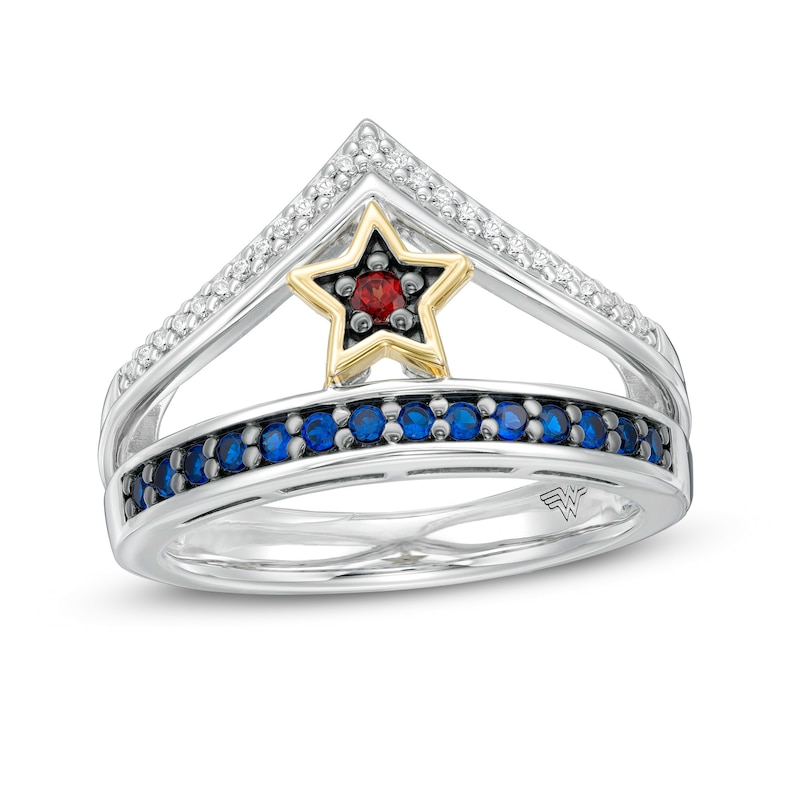Main Image 1 of Wonder Woman™ Collection Blue Sapphire, Garnet and Diamond Tiara Ring in Sterling Silver and 10K Gold