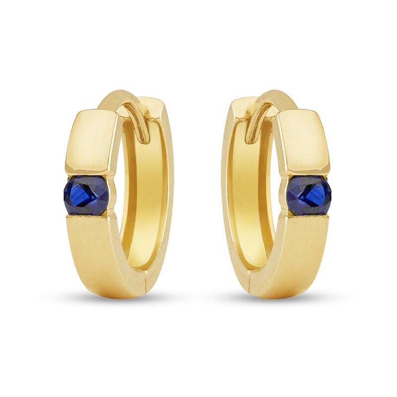 Main Image 1 of Blue Lab-Created Sapphire Channel-Set Solitaire Huggie Hoop Earrings in 14K Gold