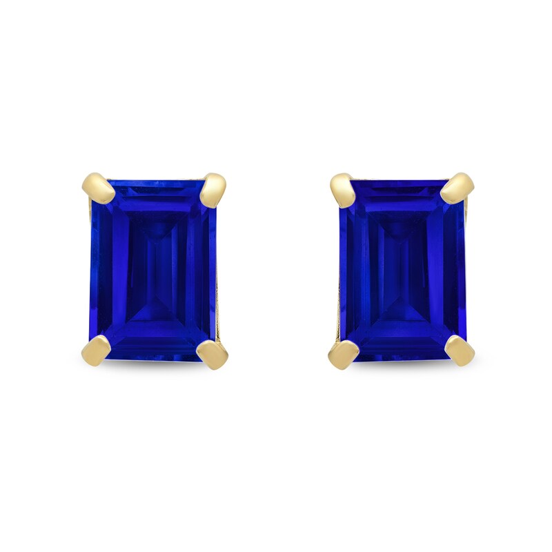 Main Image 1 of Emerald-Cut Blue Lab-Created Sapphire Solitaire Stud Earrings in 14K Gold