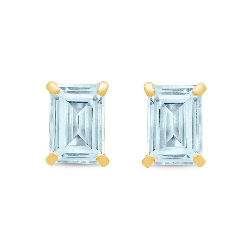 Main Image 1 of Emerald-Cut Aquamarine Solitaire Stud Earrings in 14K Gold