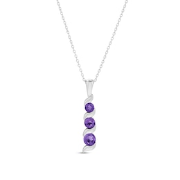 Journey Amethyst Three Stone Cascading Linear Drop Pendant in 14K White gold