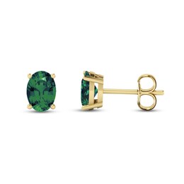 Oval Lab-Created Emerald Solitaire Stud Earrings in 14K Gold