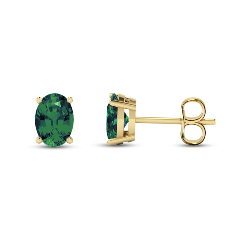 Main Image 1 of Oval Lab-Created Emerald Solitaire Stud Earrings in 14K Gold