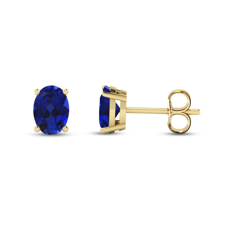 Oval Blue Lab-Created Sapphire Solitaire Stud Earrings in 14K Gold
