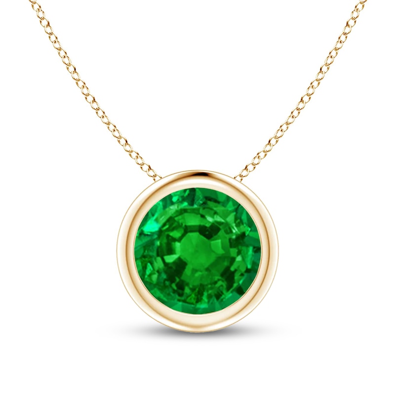 Main Image 1 of 7.0mm Lab-Created Emerald Bezel-Set Solitaire Pendant in 14K Gold