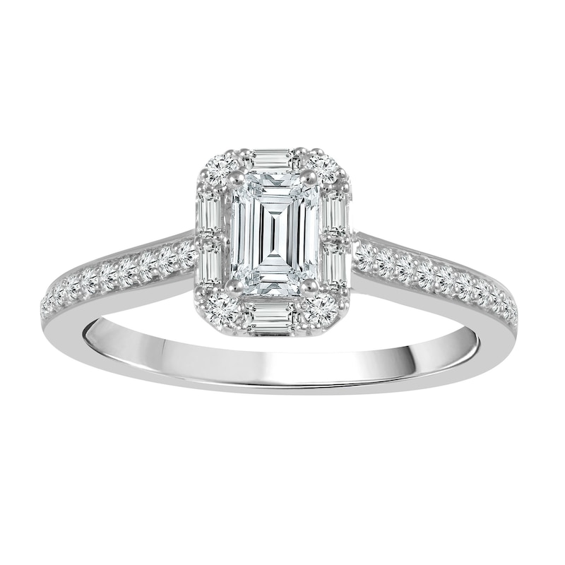 Main Image 1 of 3/4 CT. T.W. Emerald-Cut Diamond Frame Engagement Ring in 14K White Gold