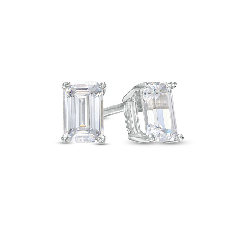Main Image 1 of 1/2 CT. T.W. Certified Emerald-Cut Diamond Solitaire Stud Earrings in 14K White Gold (I/SI2)