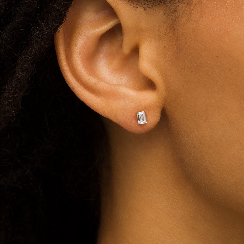 Main Image 2 of 1/2 CT. T.W. Certified Emerald-Cut Diamond Solitaire Stud Earrings in 14K White Gold (I/SI2)
