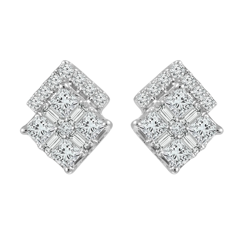 1/2 CT. T.W. Composite Diamond Double Tilted Square Stud Earrings in 14K White Gold