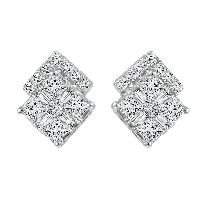 1/2 CT. T.W. Composite Diamond Double Tilted Square Stud Earrings in 14K White Gold