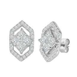 5/8 CT. T.W. Composite Diamond Tilted Square Hexagon Frame Stud Earrings in 14K White Gold
