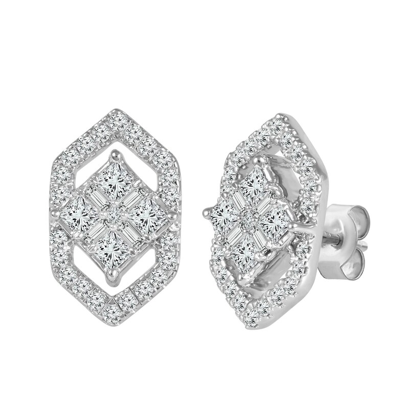 5/8 CT. T.W. Composite Diamond Tilted Square Hexagon Frame Stud Earrings in 14K White Gold