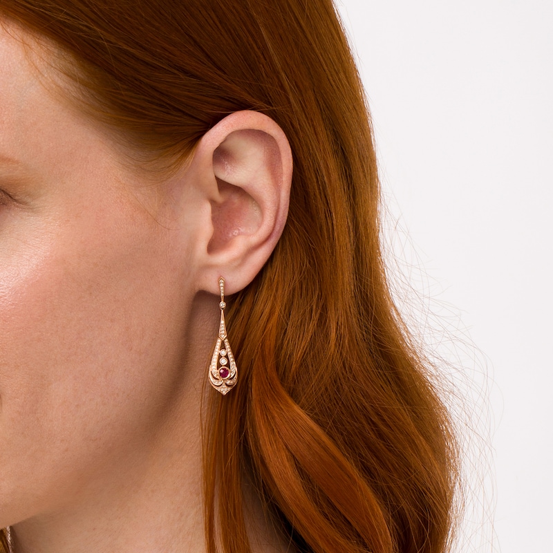 Main Image 2 of EFFY™ Collection 3.0mm Rhodolite Garnet and 3/8 CT. T.W. Diamond Art Deco Pendulum Drop Earrings in 14K Rose Gold