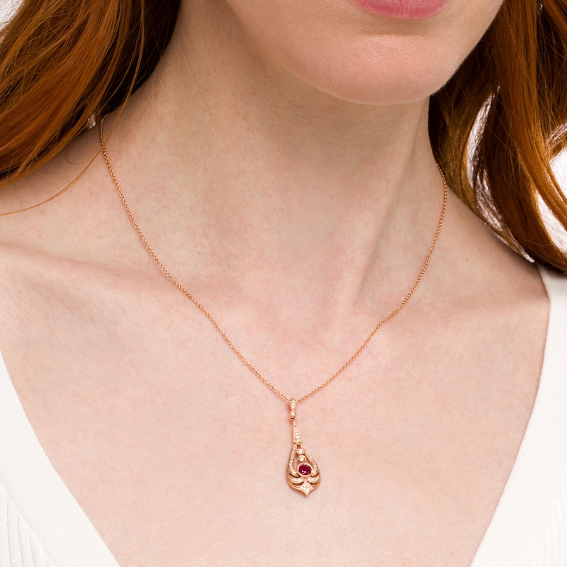 Main Image 2 of EFFY™ Collection 4.0mm Rhodolite Garnet and 1/5 CT. T.W. Diamond Art Deco Pendulum Drop Pendant in 14K Rose Gold