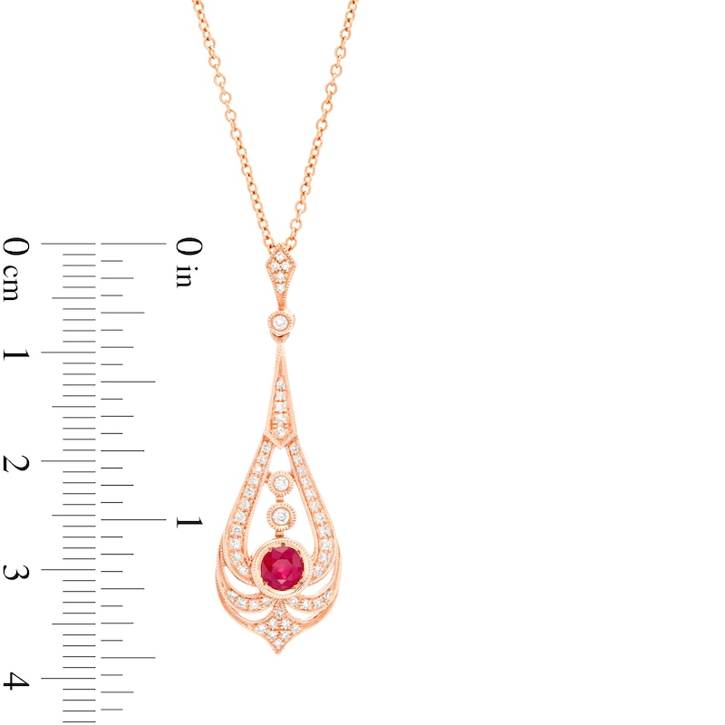 Main Image 3 of EFFY™ Collection 4.0mm Rhodolite Garnet and 1/5 CT. T.W. Diamond Art Deco Pendulum Drop Pendant in 14K Rose Gold