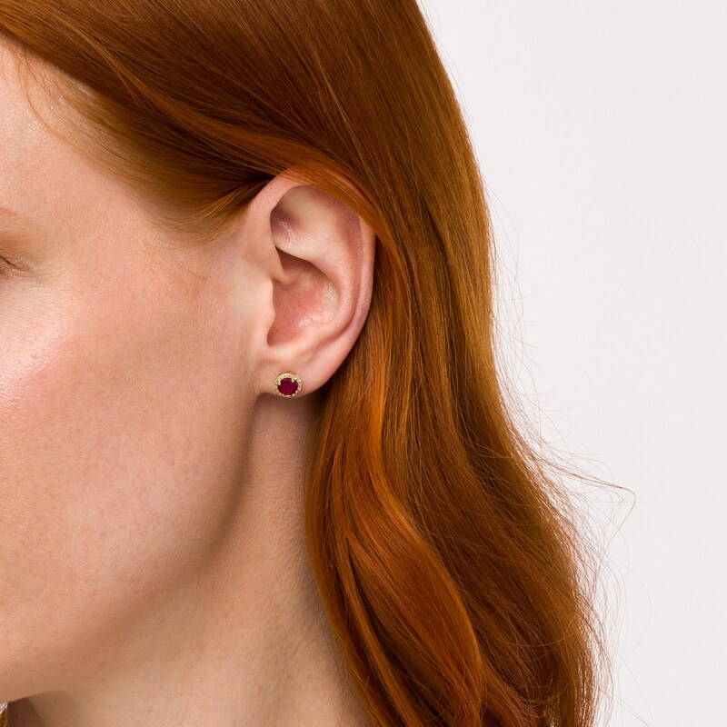 Main Image 2 of EFFY™ Collection 5.0mm Rhodolite Garnet and 1/8 CT. T.W. Diamond Frame Stud Earrings in 14K Gold