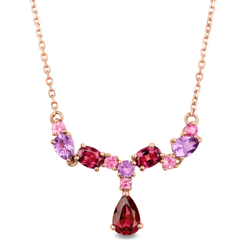 Main Image 1 of Multi-Shaped Garnet, Amethyst and Pink Tourmaline Scatter "Y" Necklace in 10K Rose Gold