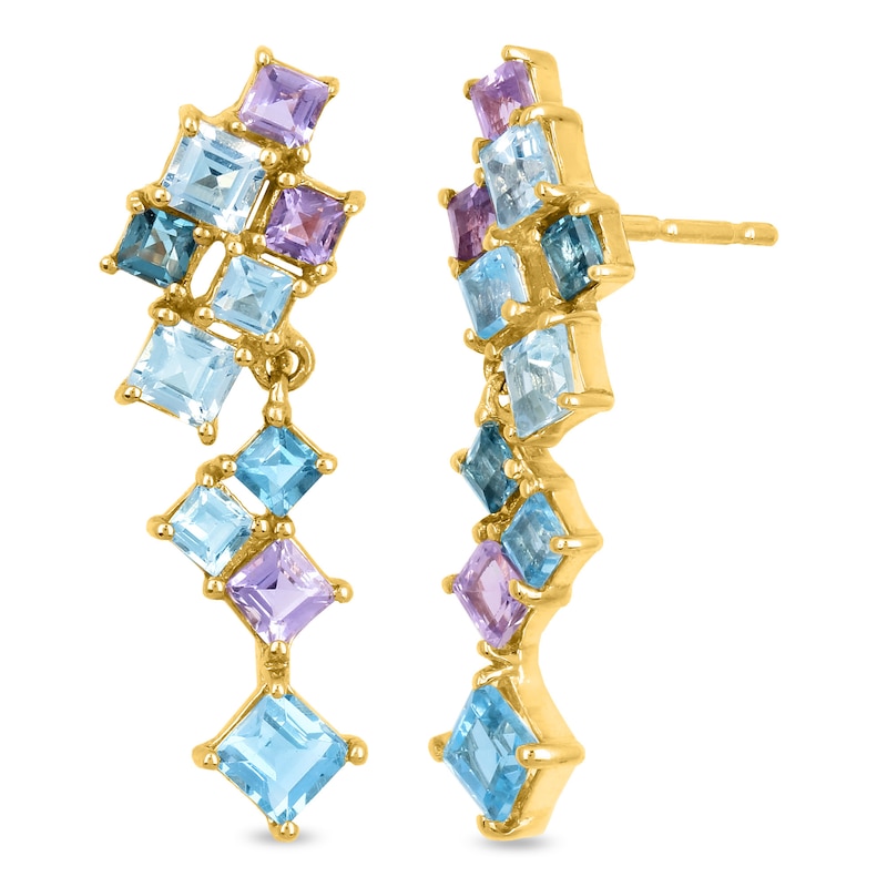 Princess-Cut Sky Blue Topaz, Aquamarine and Iolite Geometric Cluster Drop Earrings in 10K Gold
