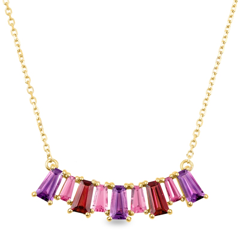 Baguette Garnet, Amethyst and Pink Tourmaline Alternating Curved Bar Necklace in 10K Gold