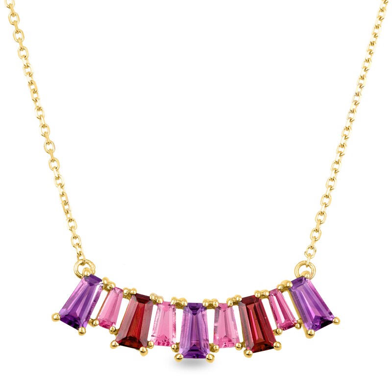 Baguette Garnet, Amethyst and Pink Tourmaline Alternating Curved Bar Necklace in 10K Gold