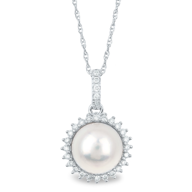 Main Image 1 of 7.75mm Freshwater Cultured Pearl and 1/8 CT. T.W. Diamond Sunburst Frame Drop Pendant in 14K White Gold