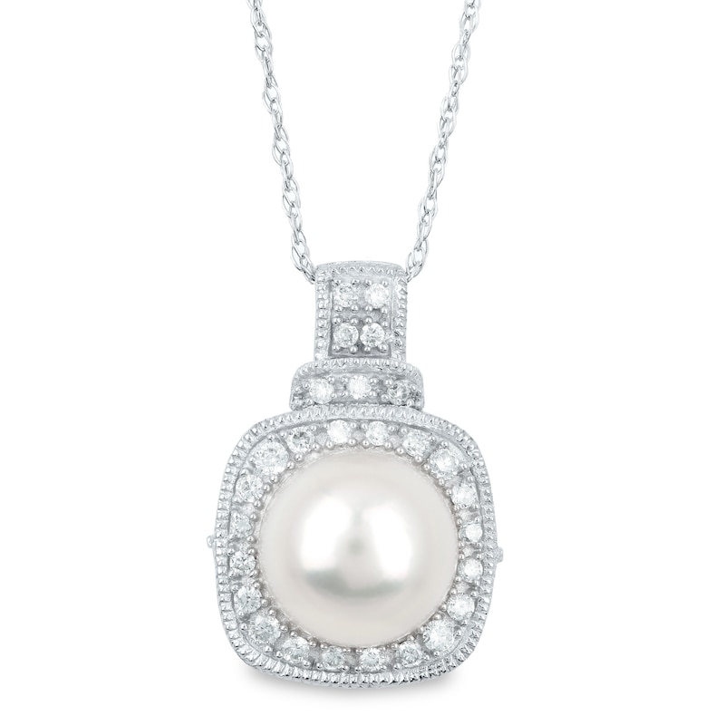 Cultured Freshwater Pearl, Blue Sapphire and 1/5 CT. T.W. Diamond Cushion Frame Doorknocker Pendant in 14K White Gold