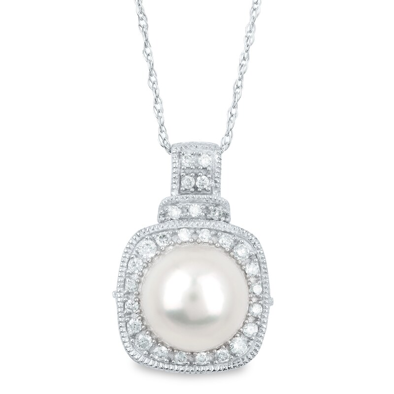Main Image 1 of Freshwater Cultured Pearl, Blue Sapphire and 1/5 CT. T.W. Diamond Cushion Frame Doorknocker Pendant in 14K White Gold