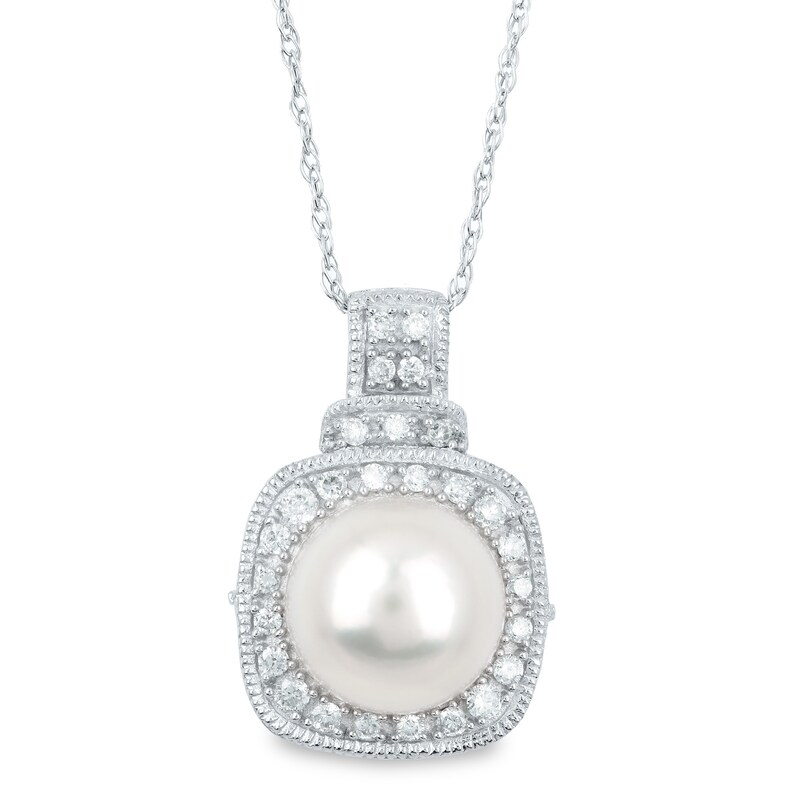 Cultured Freshwater Pearl, Blue Sapphire and 1/5 CT. T.W. Diamond Cushion Frame Doorknocker Pendant in 14K White Gold