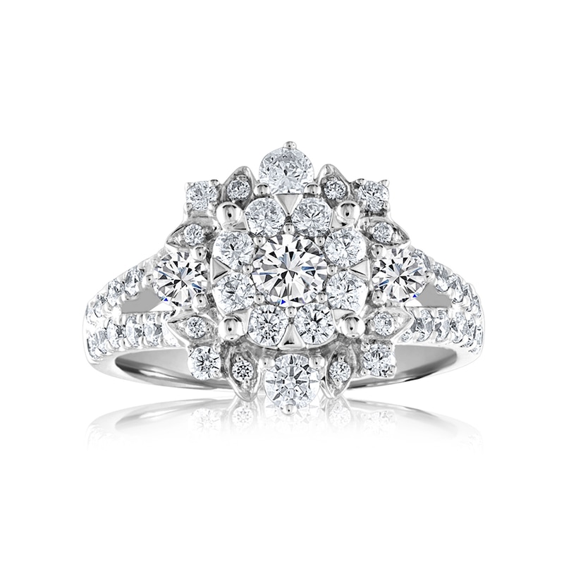 Main Image 1 of 1-1/2 CT. T.W. Multi-Diamond Floral Frame Split Shank Engagement Ring in 14K White Gold
