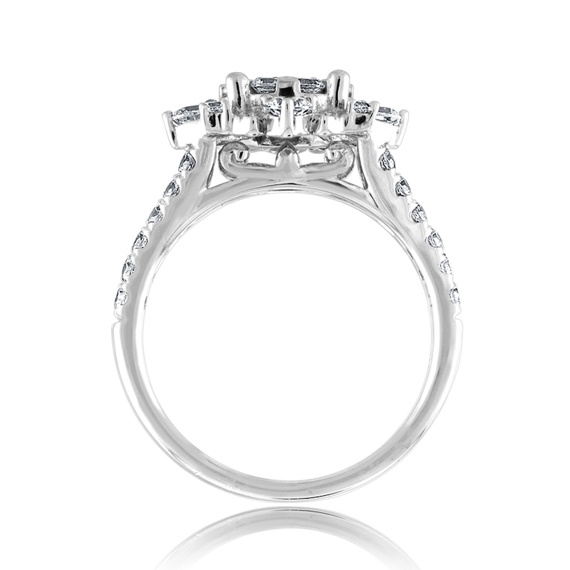 Main Image 2 of 1-1/2 CT. T.W. Multi-Diamond Floral Frame Split Shank Engagement Ring in 14K White Gold