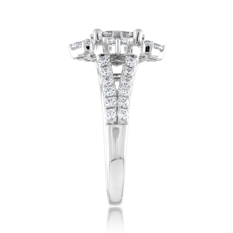 Main Image 3 of 1-1/2 CT. T.W. Multi-Diamond Floral Frame Split Shank Engagement Ring in 14K White Gold