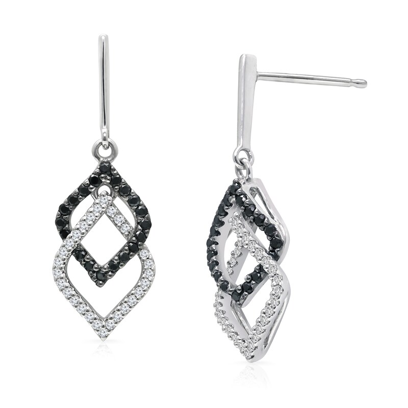 Main Image 1 of 1/2 CT. T.W. Enhanced Black and White Diamond Double Diamond-Shaped Drop Earrings in 10K White Gold