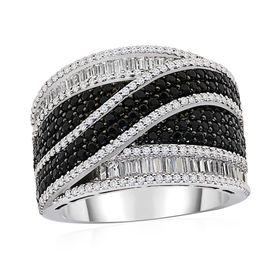 1 3/4 Ct. T.w. Enhanced Black And White Diamond Curved Multi Row Ring In 10k White Gold
