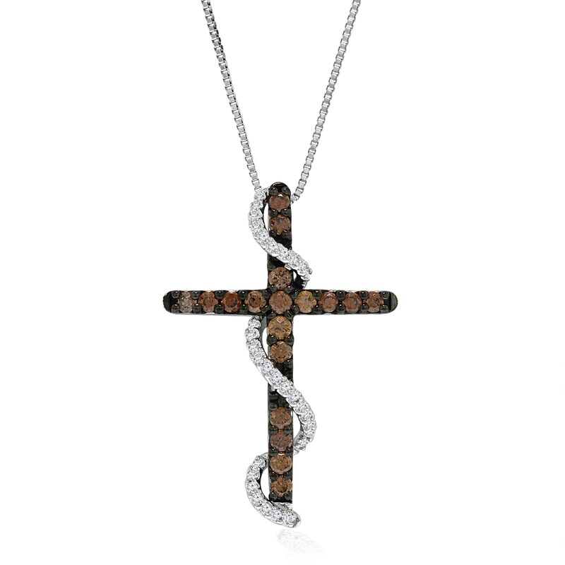 Main Image 1 of 1/2 CT. T.W. Champagne and White Diamond Cross with Ribbon Pendant in 10K White Gold