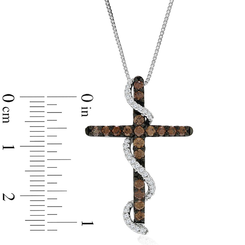 Main Image 2 of 1/2 CT. T.W. Champagne and White Diamond Cross with Ribbon Pendant in 10K White Gold