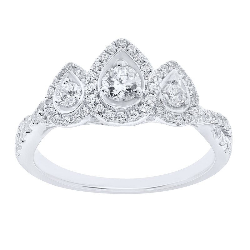 Main Image 1 of 3/4 CT. T.W. Diamond Triple Pear-Shaped Frame Three Stone Ring in 10K White Gold