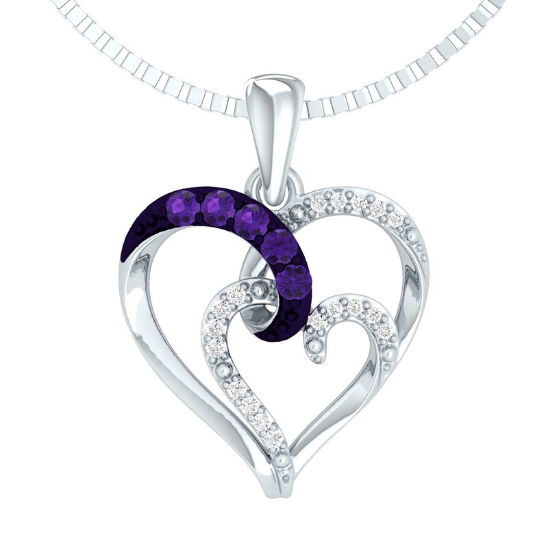 Main Image 1 of 1/6 CT. T.W. Enhanced Purple and White Diamond Double Heart Pendant in Sterling Silver