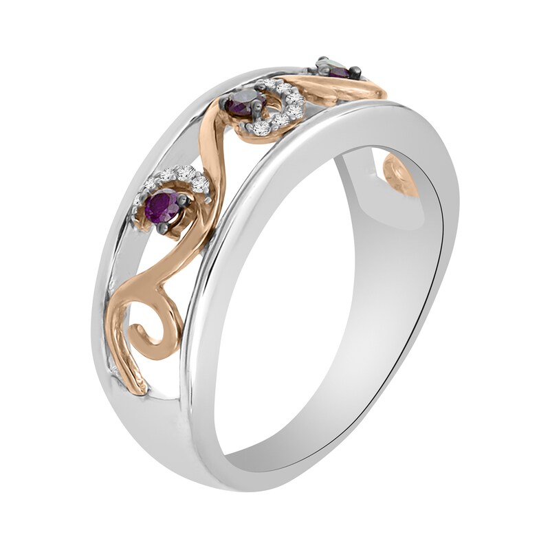 Main Image 2 of 1/6 CT. T.W. Enhanced Purple and White Diamond Swirl Band in Sterling Silver and 10K Rose Gold – Size 7