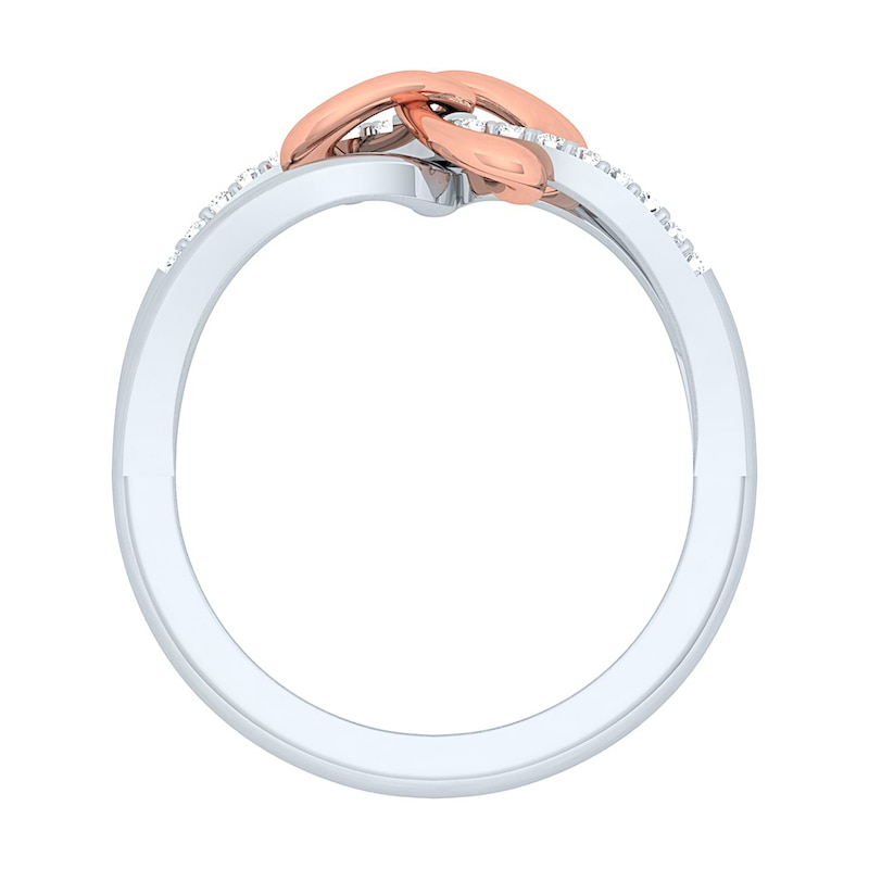 Main Image 2 of 1/10 CT. T.W. Diamond Pretzel Knot Crossover Ring in Sterling Silver and 10K Rose Gold – Size 7