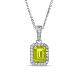 Octagonal Peridot and White Lab-Created Sapphire Frame Drop Pendant in Sterling Silver