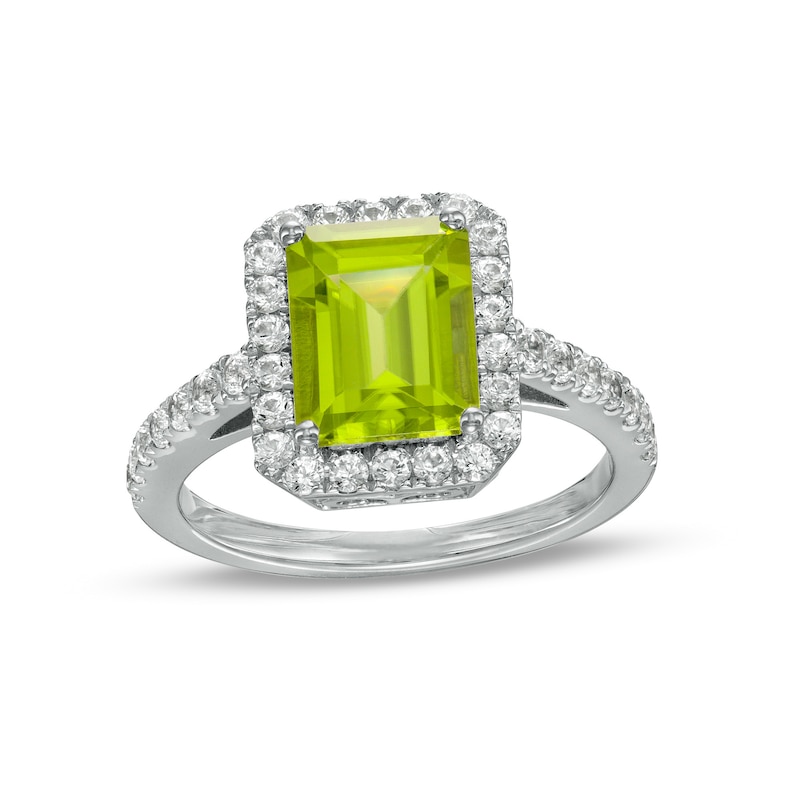 Octagonal Peridot and White Lab-Created Sapphire Frame Ring in Sterling Silver