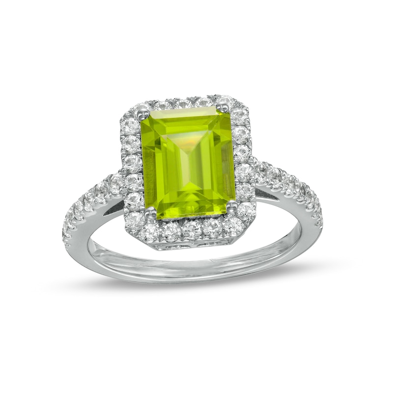 Main Image 1 of Octagonal Peridot and White Lab-Created Sapphire Frame Ring in Sterling Silver