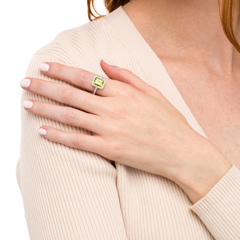 Octagonal Peridot and White Lab-Created Sapphire Frame Ring in Sterling Silver