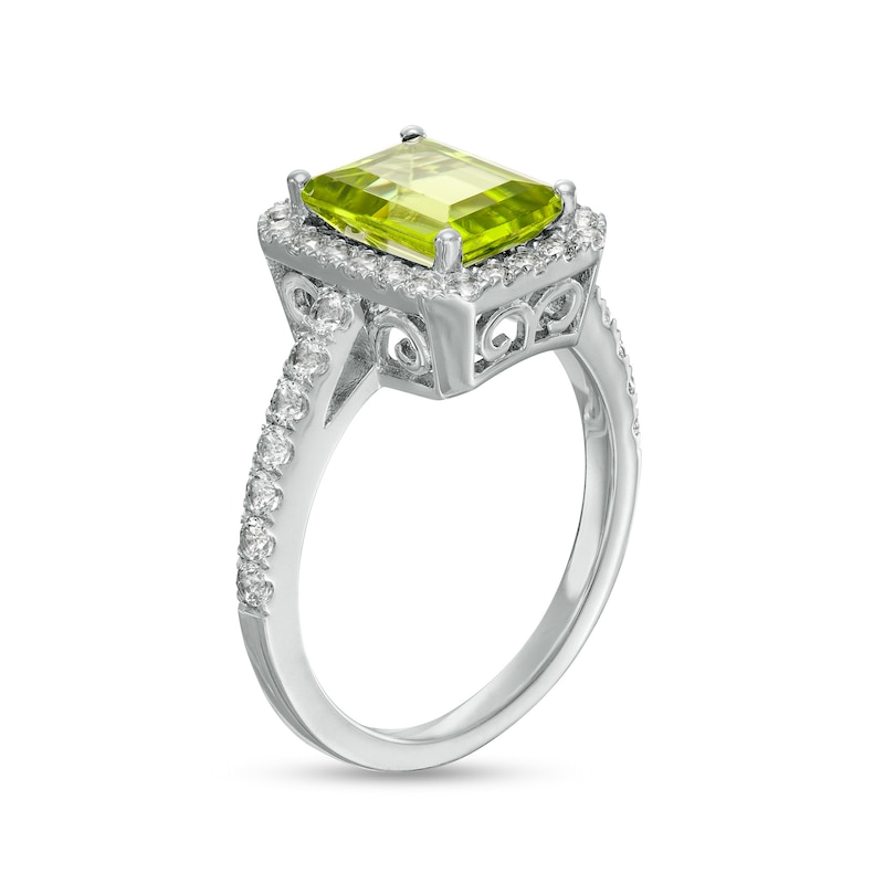 Octagonal Peridot and White Lab-Created Sapphire Frame Ring in Sterling Silver