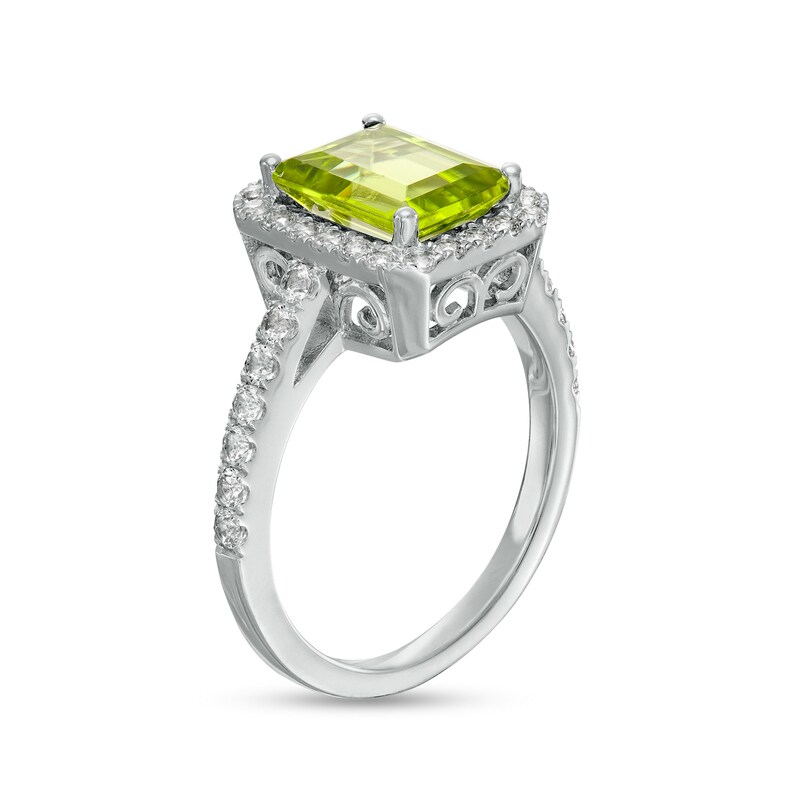Main Image 3 of Octagonal Peridot and White Lab-Created Sapphire Frame Ring in Sterling Silver