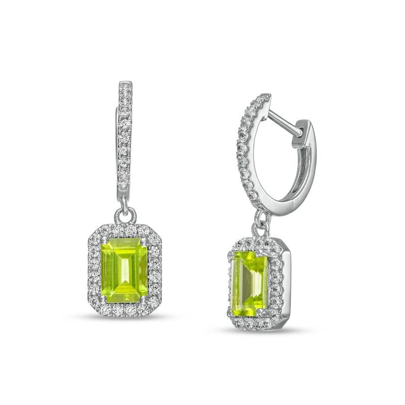 Octagonal Peridot and White Lab-Created Sapphire Frame Drop Earrings in Sterling Silver