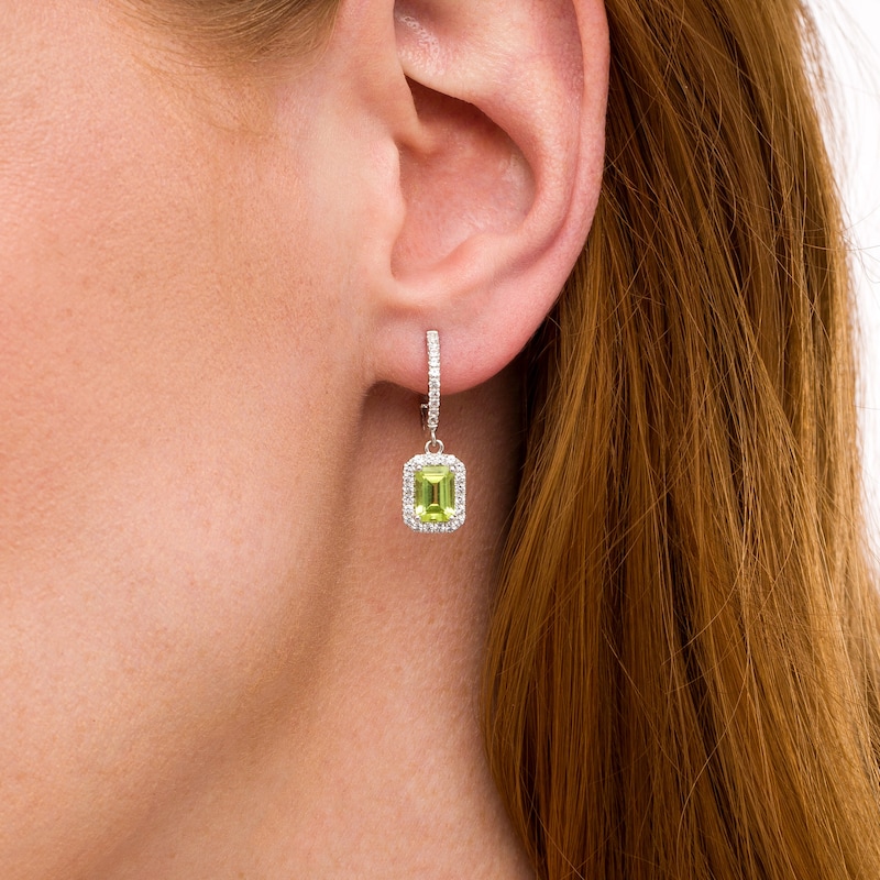 Main Image 2 of Octagonal Peridot and White Lab-Created Sapphire Frame Drop Earrings in Sterling Silver