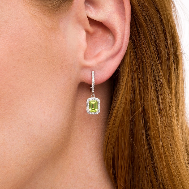 Octagonal Peridot and White Lab-Created Sapphire Frame Drop Earrings in Sterling Silver