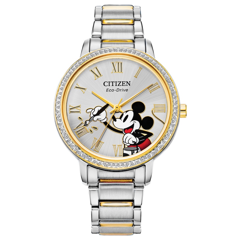 Main Image 1 of Ladies' Citizen Eco-Drive® Mickey Mouse Painter Crystal Accent Two-Tone Watch with Silver-Tone Dial (Model: FE7044-52W)