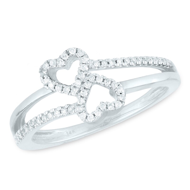 Main Image 1 of 1/6 CT. T.W. Diamond Double Heart Split Shank Ring in 14K White Gold